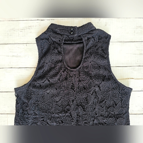 Love Fire Black Soft Lace Tank Dress Mock Neck Asymmetrical Lace Crochet - Picture 10 of 10